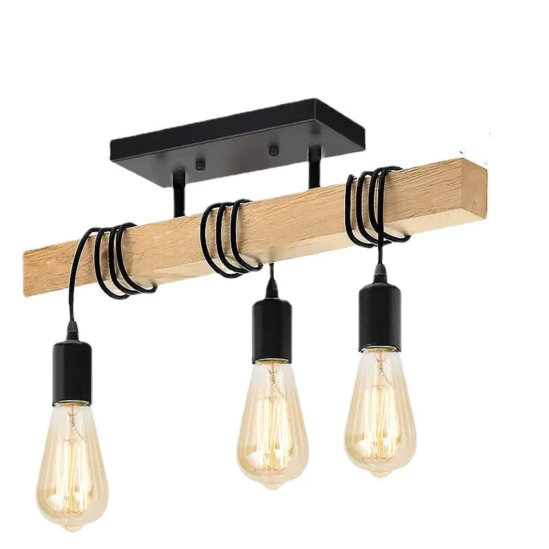 Suspension industrielle en bois vieilli avec ampoules