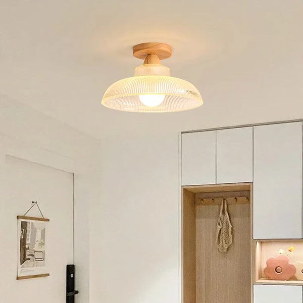 Plafonnier abat-jour verre bois contreplaqué bambou LED naturel
