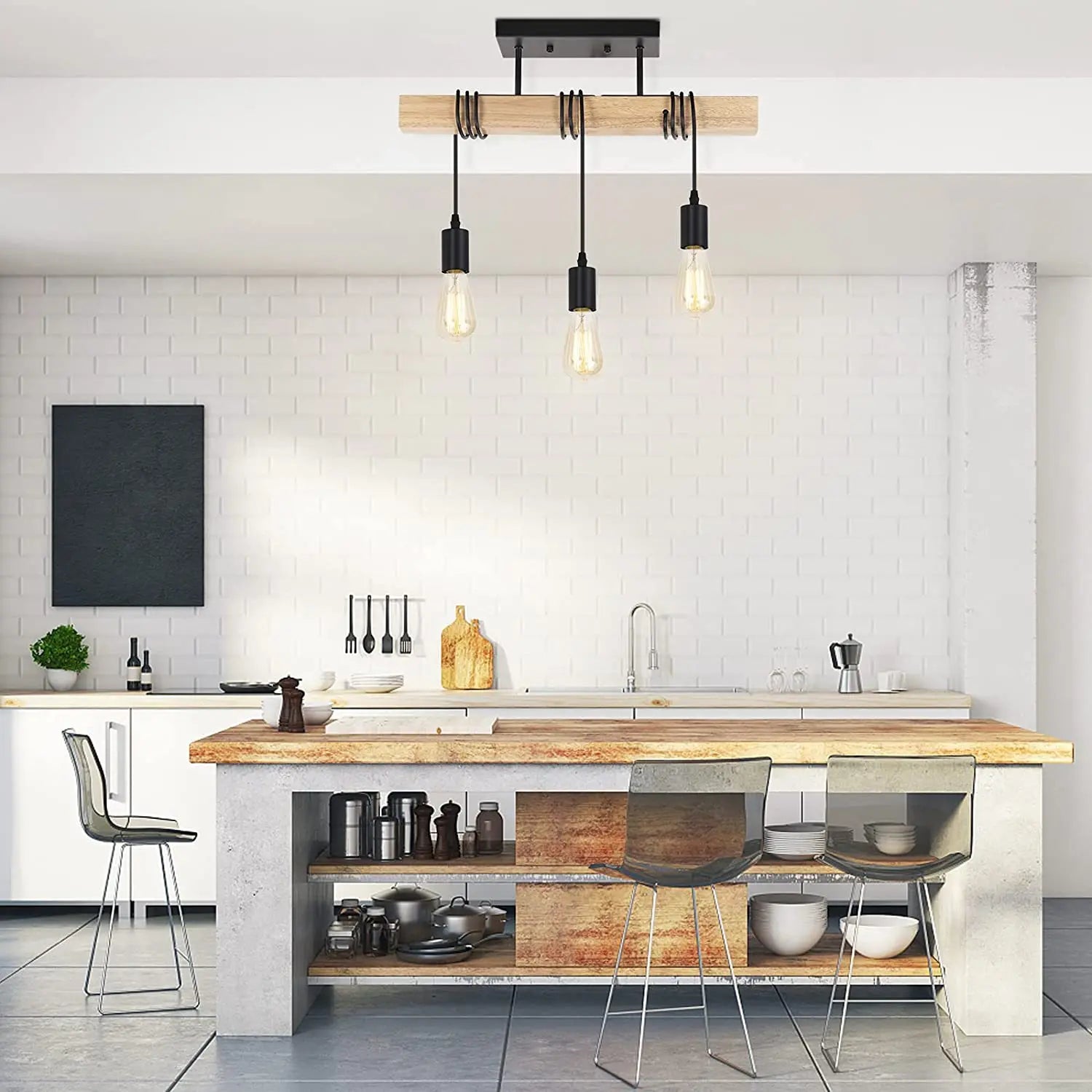 Lustre rustique en bois et métal noir