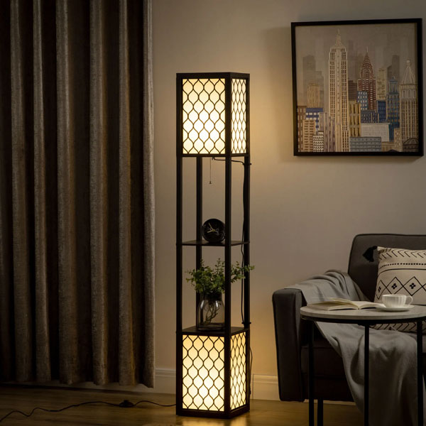 lampadaire étagère bois tissu salon