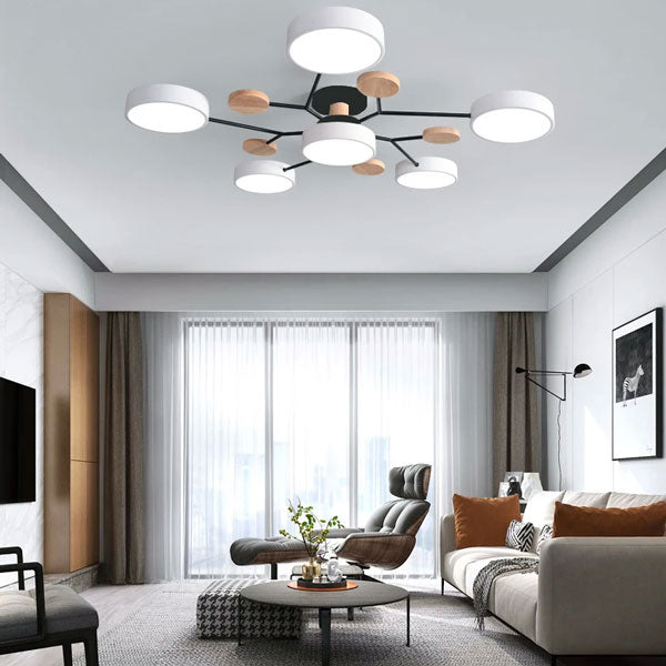Lustre plafonnier multi-têtes LED 5 ou 6 spots aluminium blanc changeant pour salon moderne