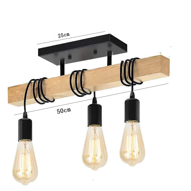 Lustre rustique en bois et métal noir