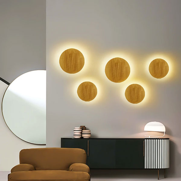 Éclairage mural LED rond bois applique design scandinave contemporain