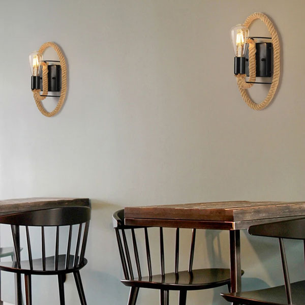 Luminaire mural en corde naturelle et métal noir, style industriel