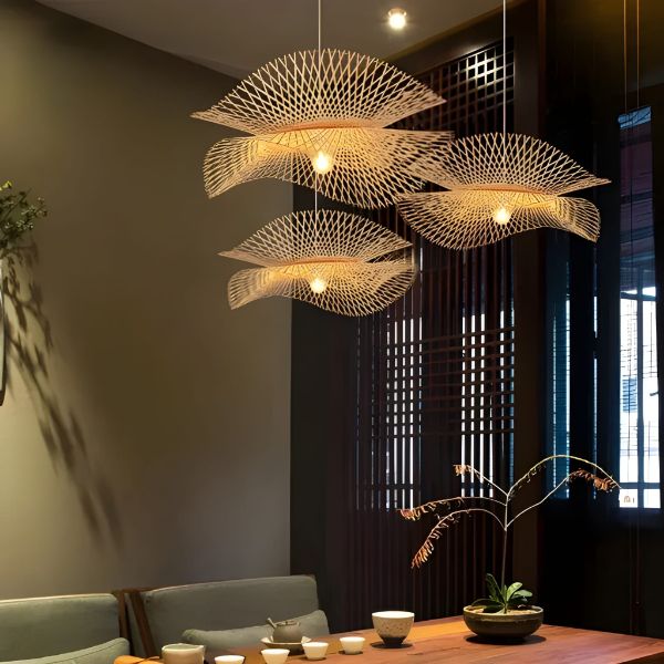 Lustre bois rotin tissé suspension artisanale naturelle écologique