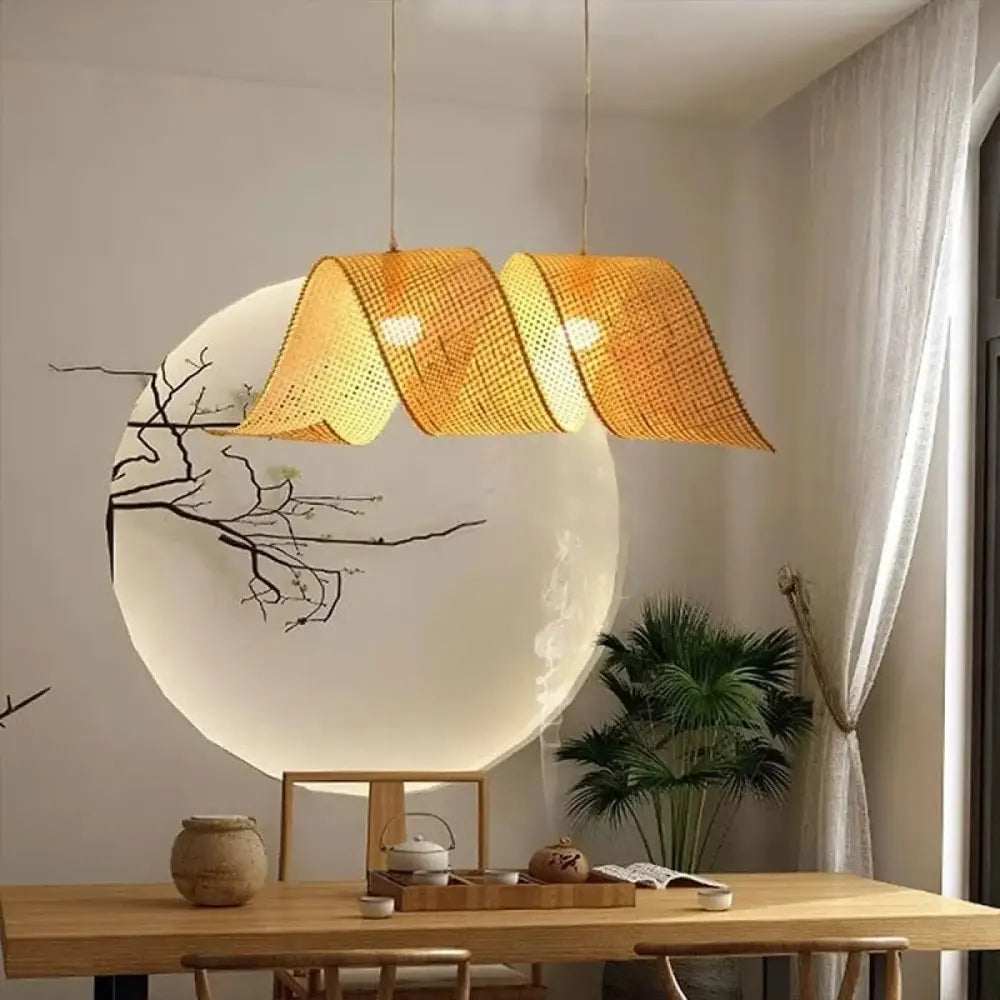 Lustre bambou spirale double tressé beige suspension
