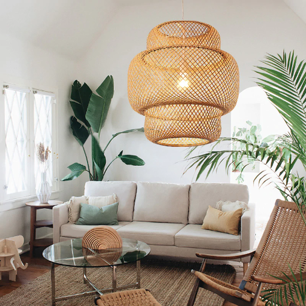 Lustre salon bois bambou tissé main