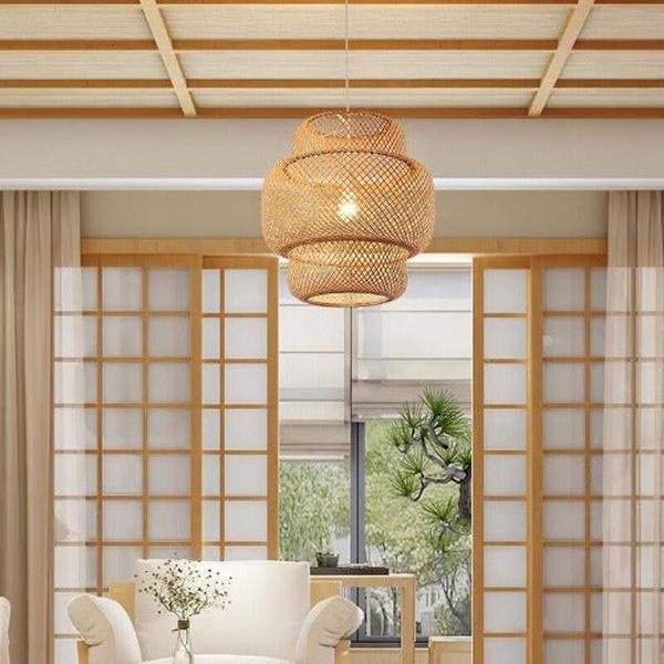 Lustre salon bois lamelle fines de bambou