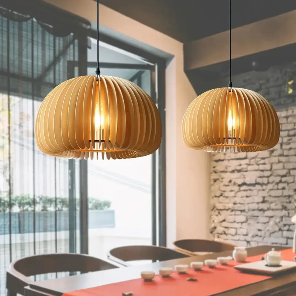 Lustre dôme lattes bambou bois beige scandinave suspension salon