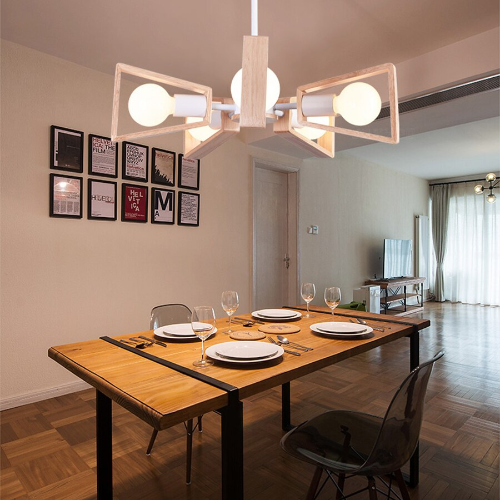 Lustre salon cinq têtes moderne design bois éclairage naturel