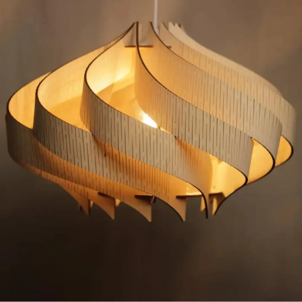 Lustre suspension bois sculpté spirale vague naturel