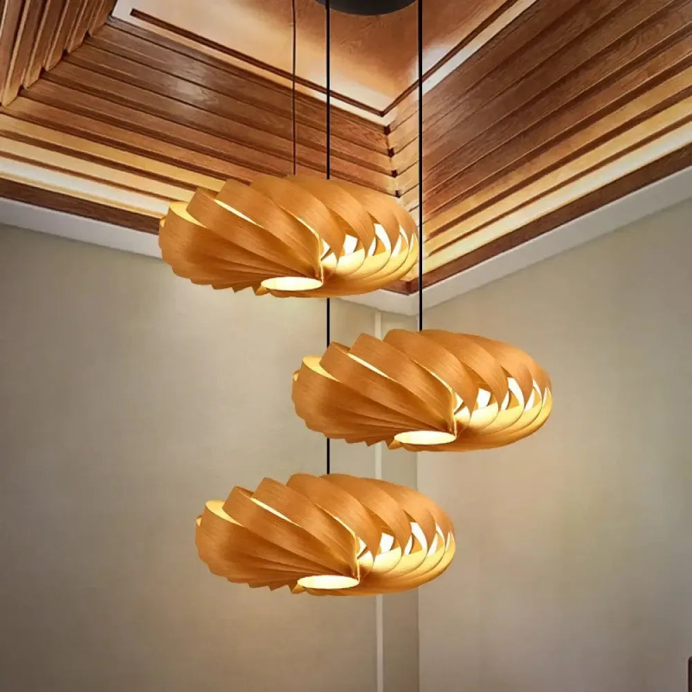 Lustre bois torsade lamelles cascade beige suspension