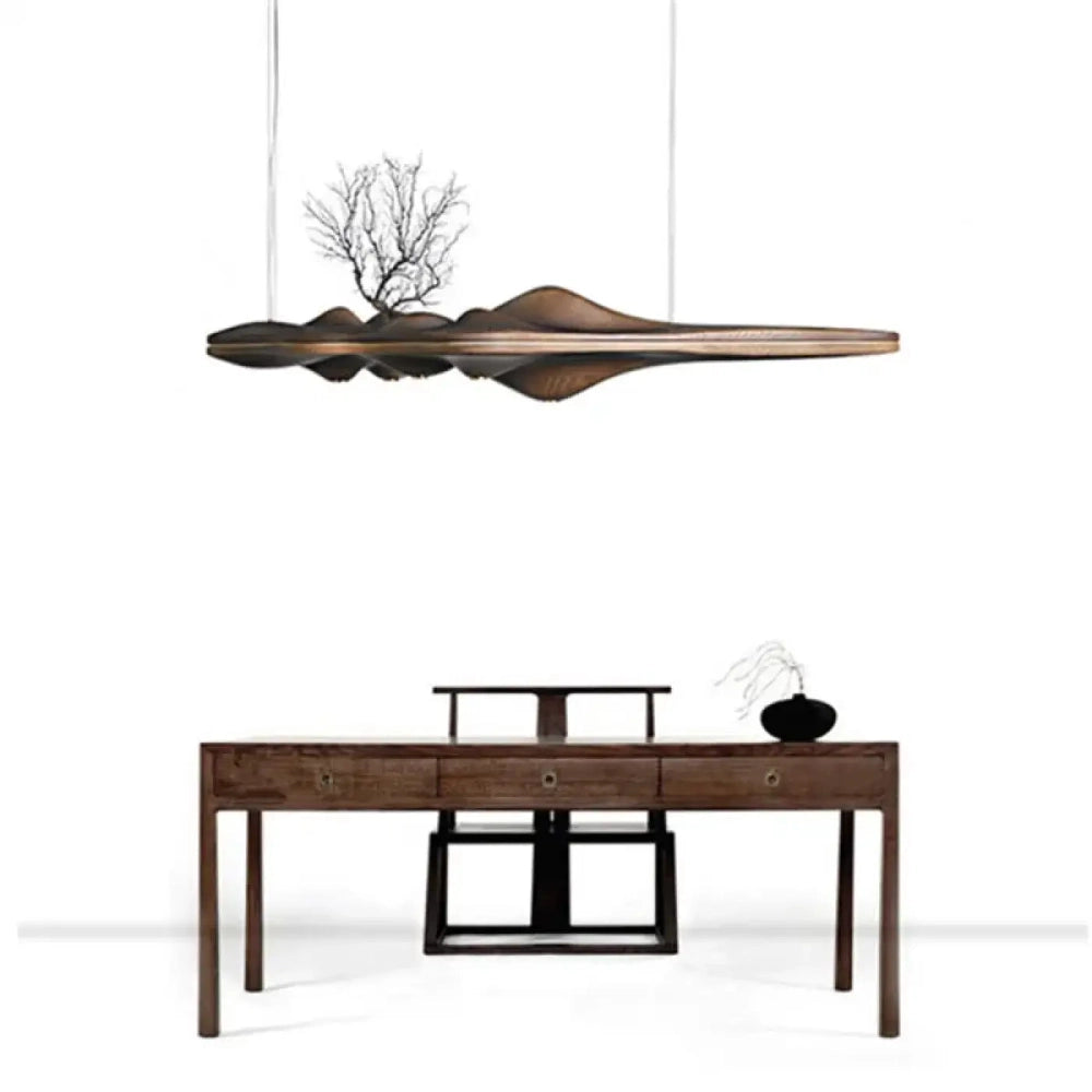 Suspension bois vague japandi version M 125 cm au-dessus canapé salon
