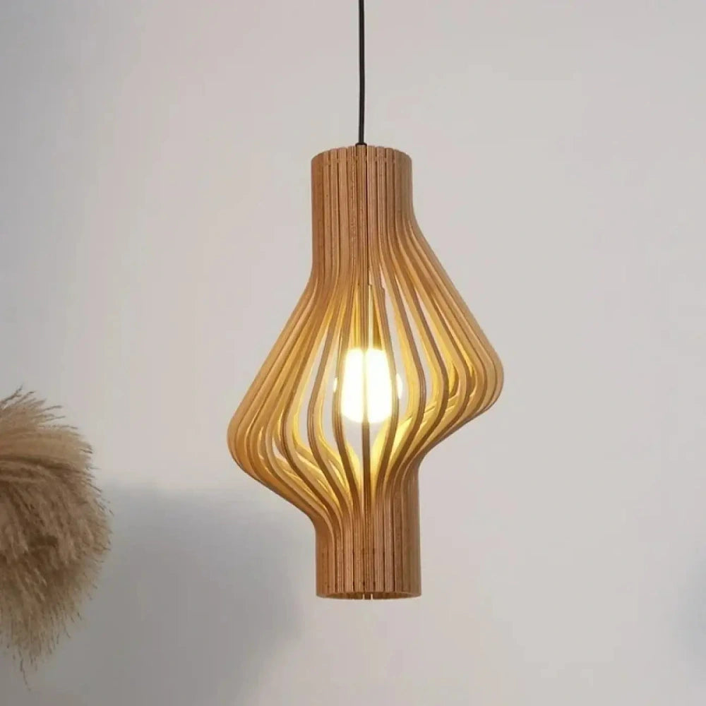 Lustre suspension bois lamelles forme vase naturel