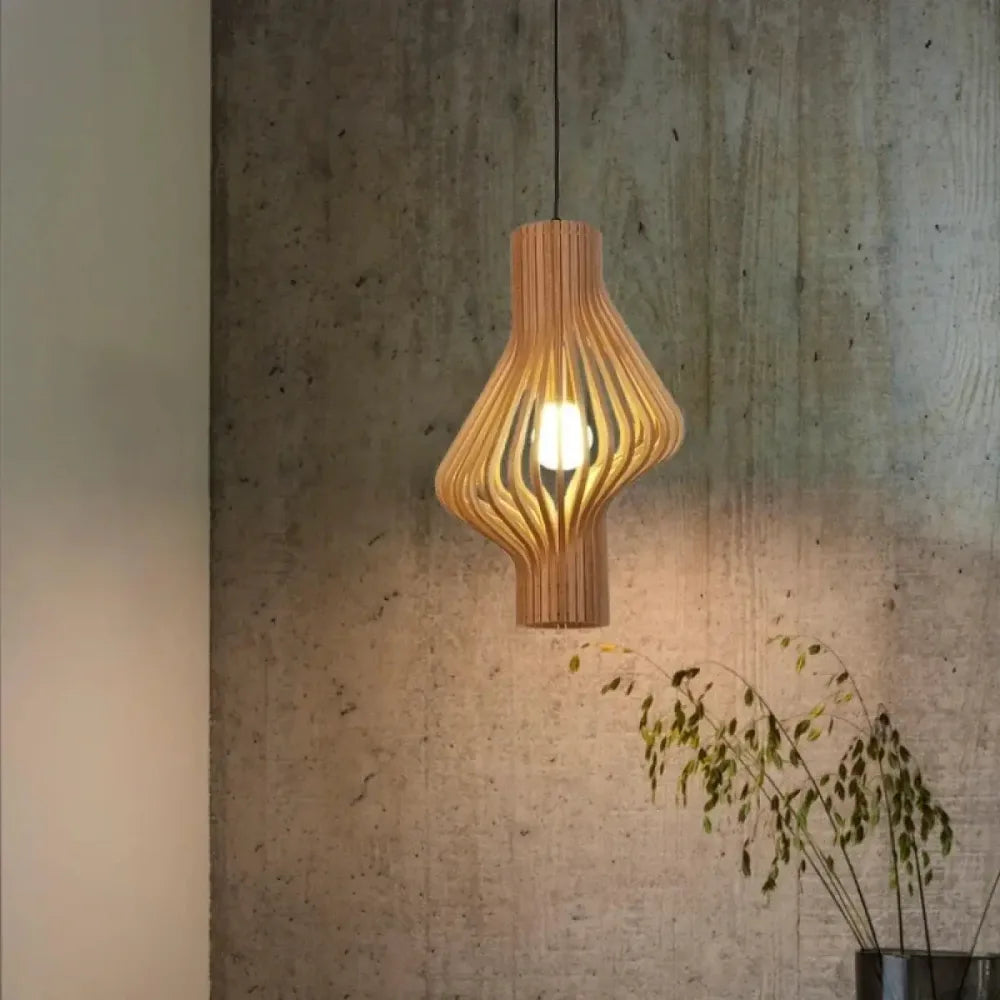 Lustre Bois Vase Lamelles Naturel Boheme