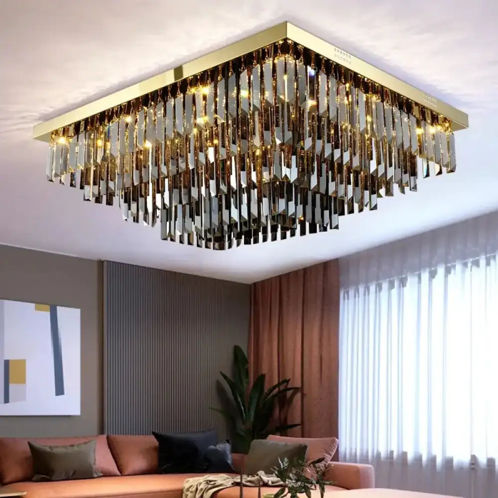 Lustre carré cristal fumé finition dorée suspendu