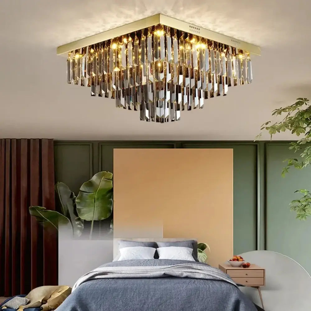 Lustre Cristal Fume Carre Dore