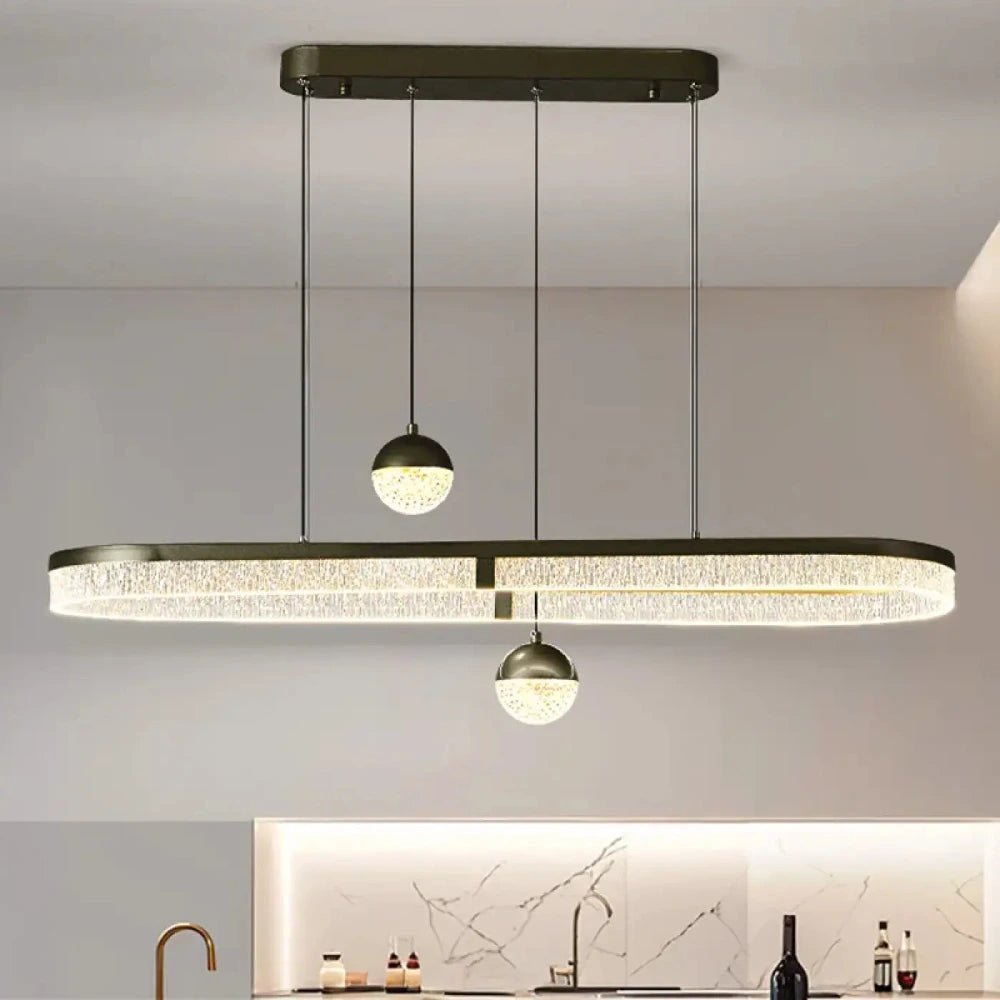 Lustre cristal lineaire noir ovale cent cm installé salon grand volume