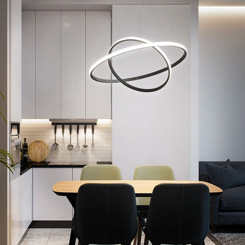 Lustre géométrique anneaux lumineux suspension design sophistiqué