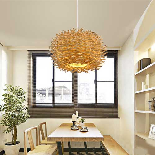 Lustre salon bois design nid oiseaux luminaire naturel sculpturel