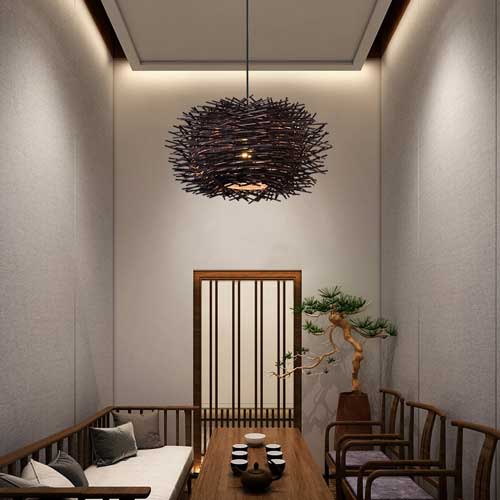 Lustre design bois nid oiseaux salon suspension sculpturale naturelle