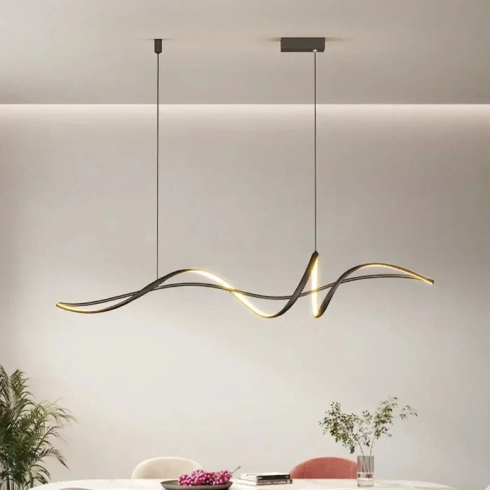 Lustre noir ondulé linéaire LED vue de profil métal mat