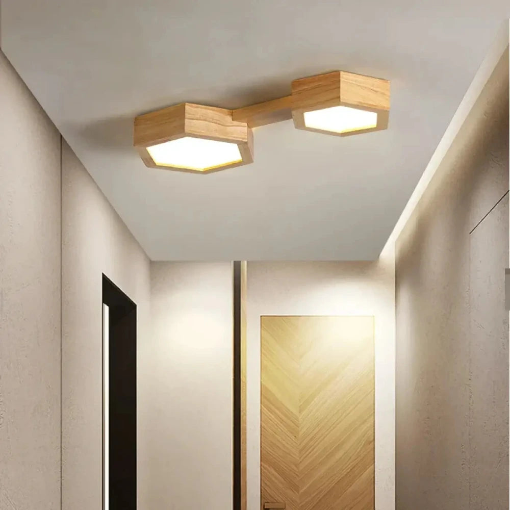 Lustre Plafonnier Hexagone Bois Led Naturel
