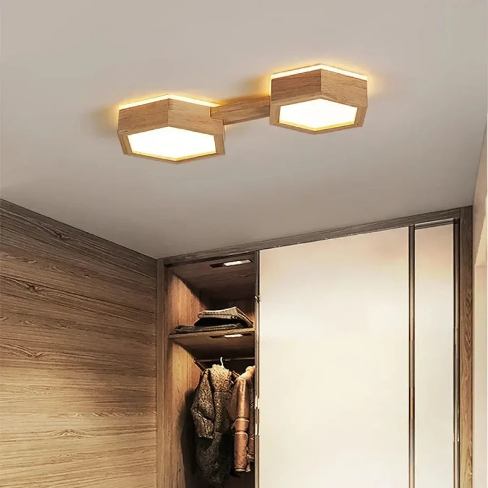 Lustre Plafonnier Hexagone Bois Led Naturel