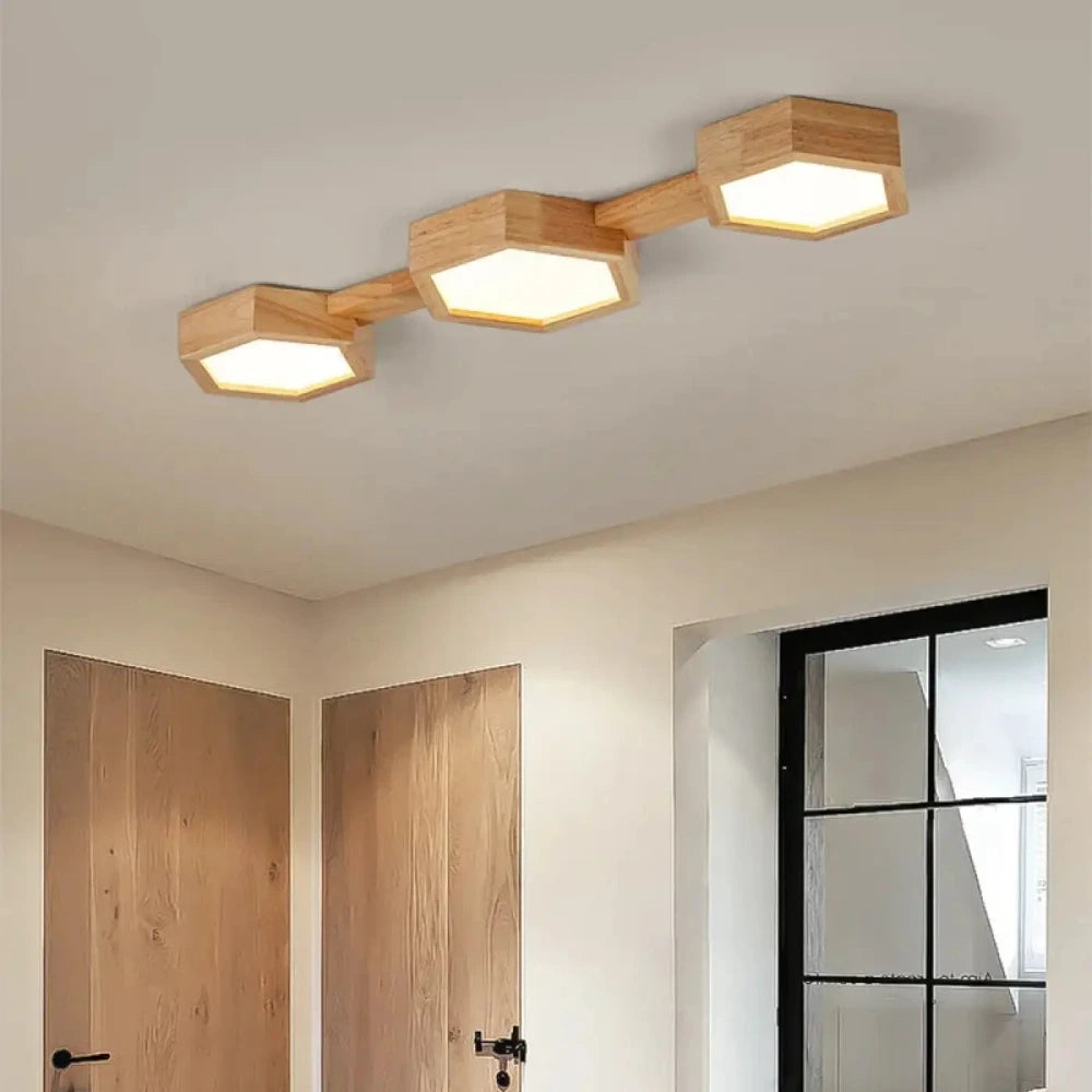 Lustre Plafonnier Hexagone Bois Led Naturel