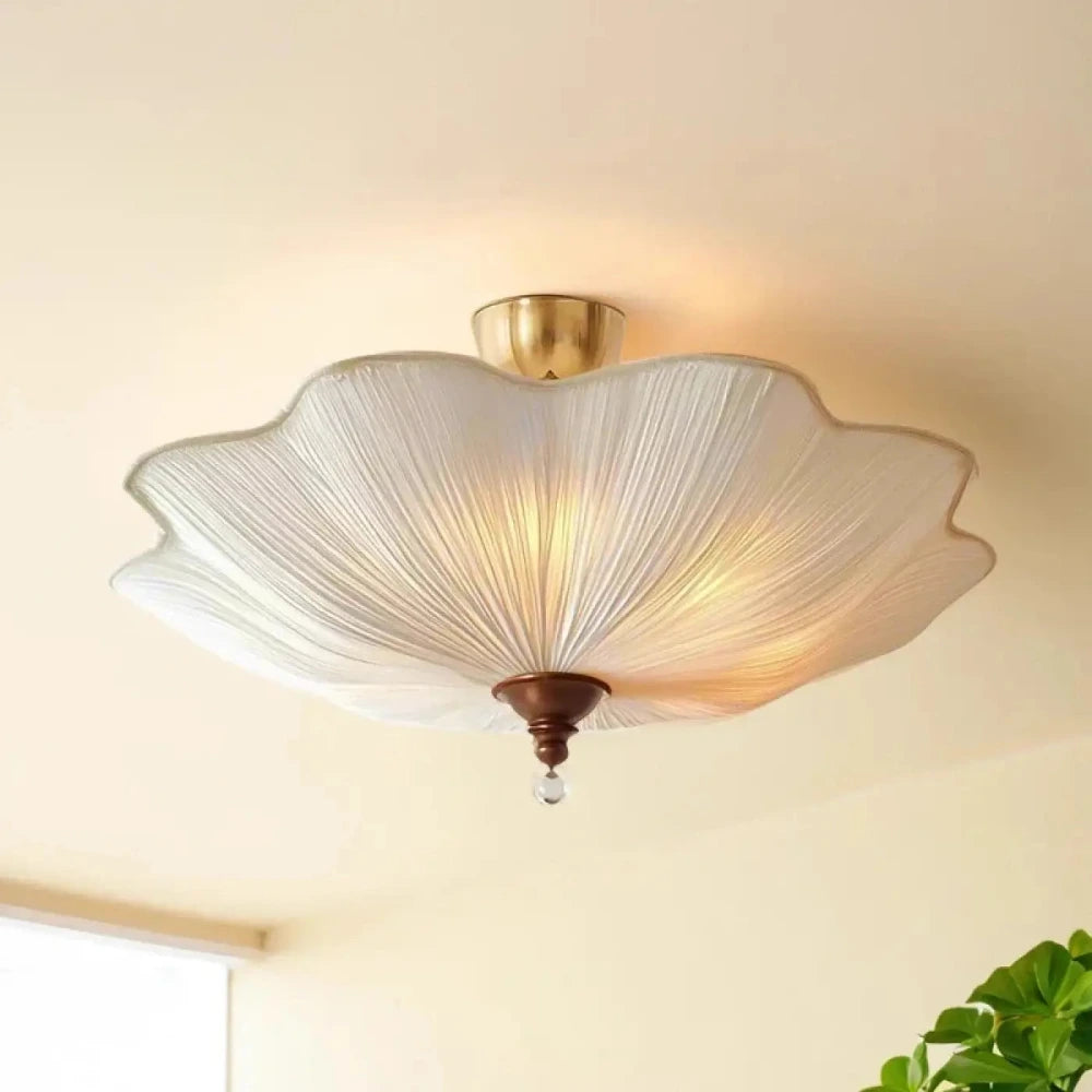 Lustre Plafonnier Lotus Tissu Laiton Blanc