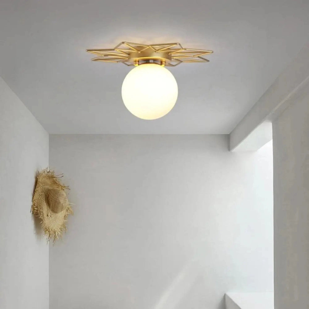 Lustre Plafonnier Soleil Laiton Opalin Dore