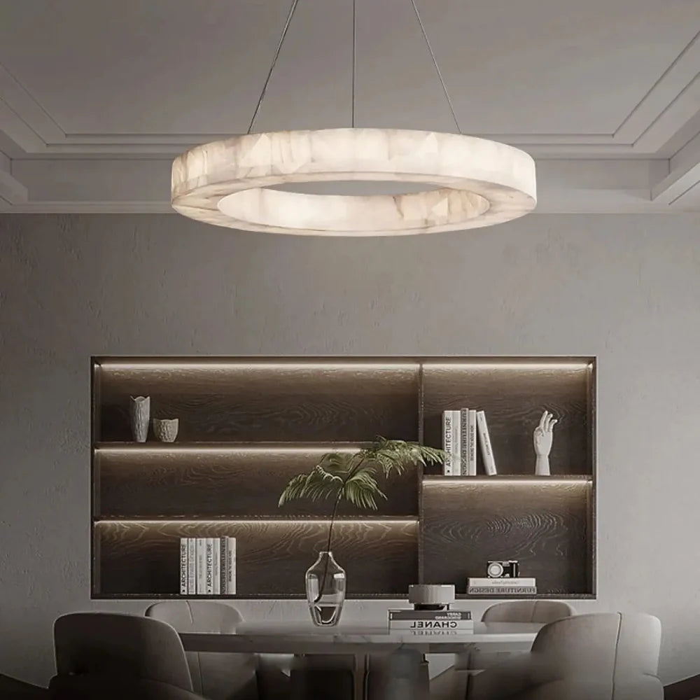 Lustre anneau LED blanc finition albâtre acier
