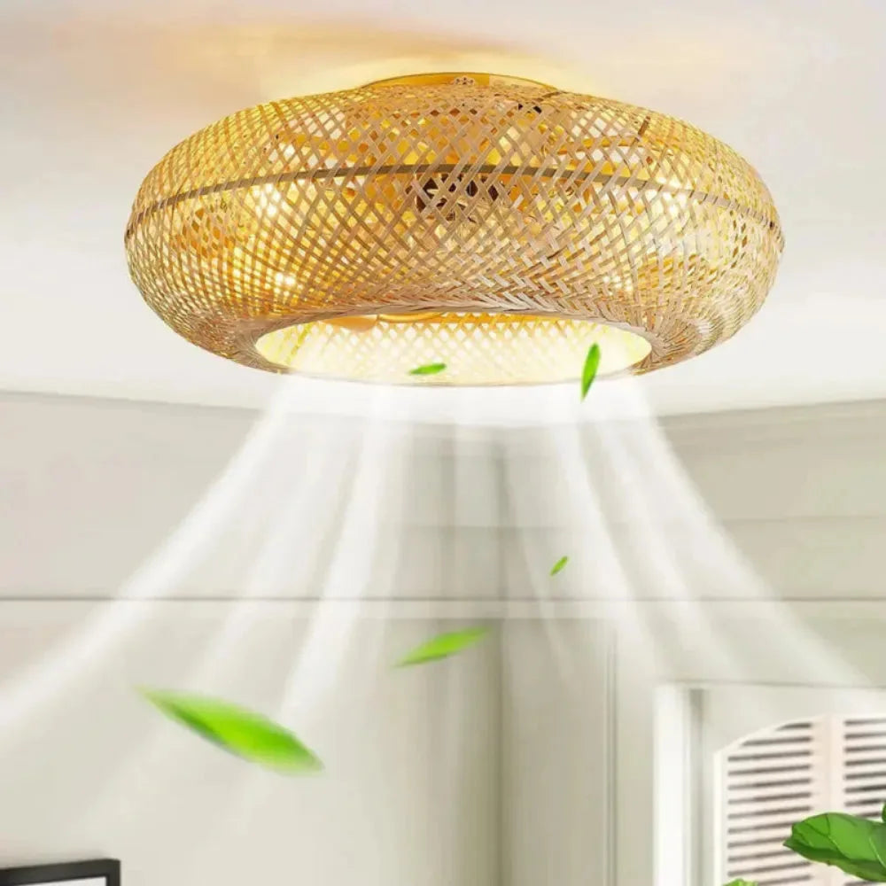 Lustre salon bambou tressé naturel plafonnier avec pales de ventilateur transparentes
---