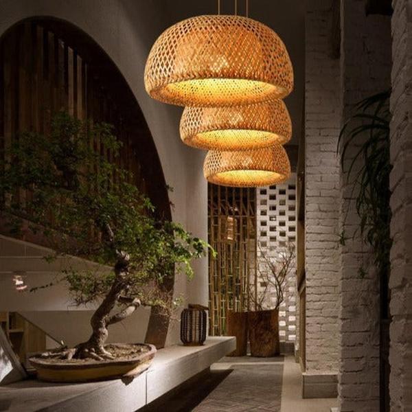 Lustre salon bois en lamelles de bambou naturel