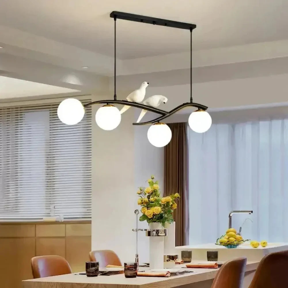 Lustre Salon Branche Verre Oiseaux Opalin