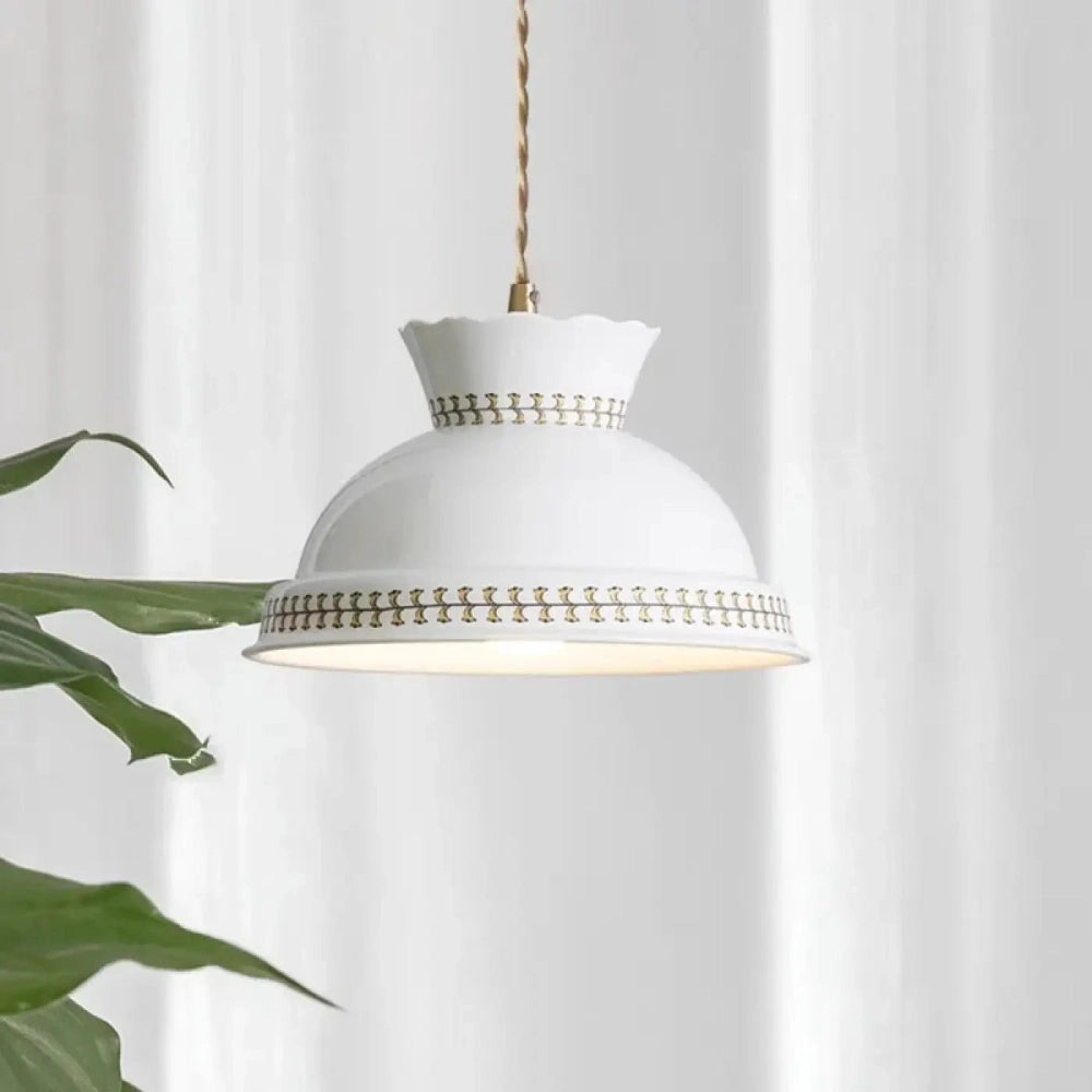 Lustre Salon Ceramique Cloche Dore Blanc