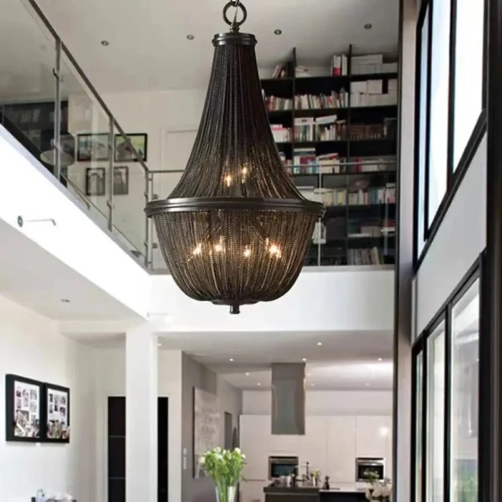 Lustre suspension chaîne style empire bronze aluminium grand format salon