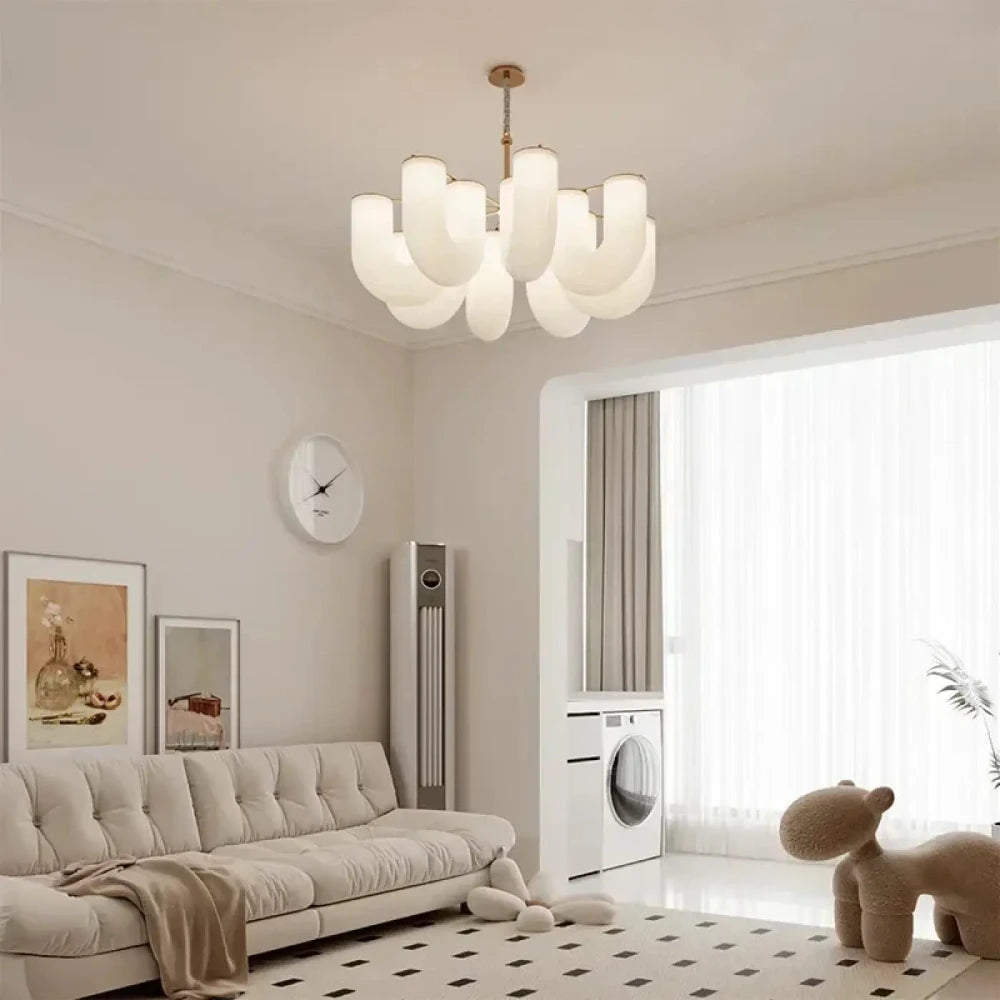 Lustre salon doré 8 bras verre soufflé ampoule LED incluse