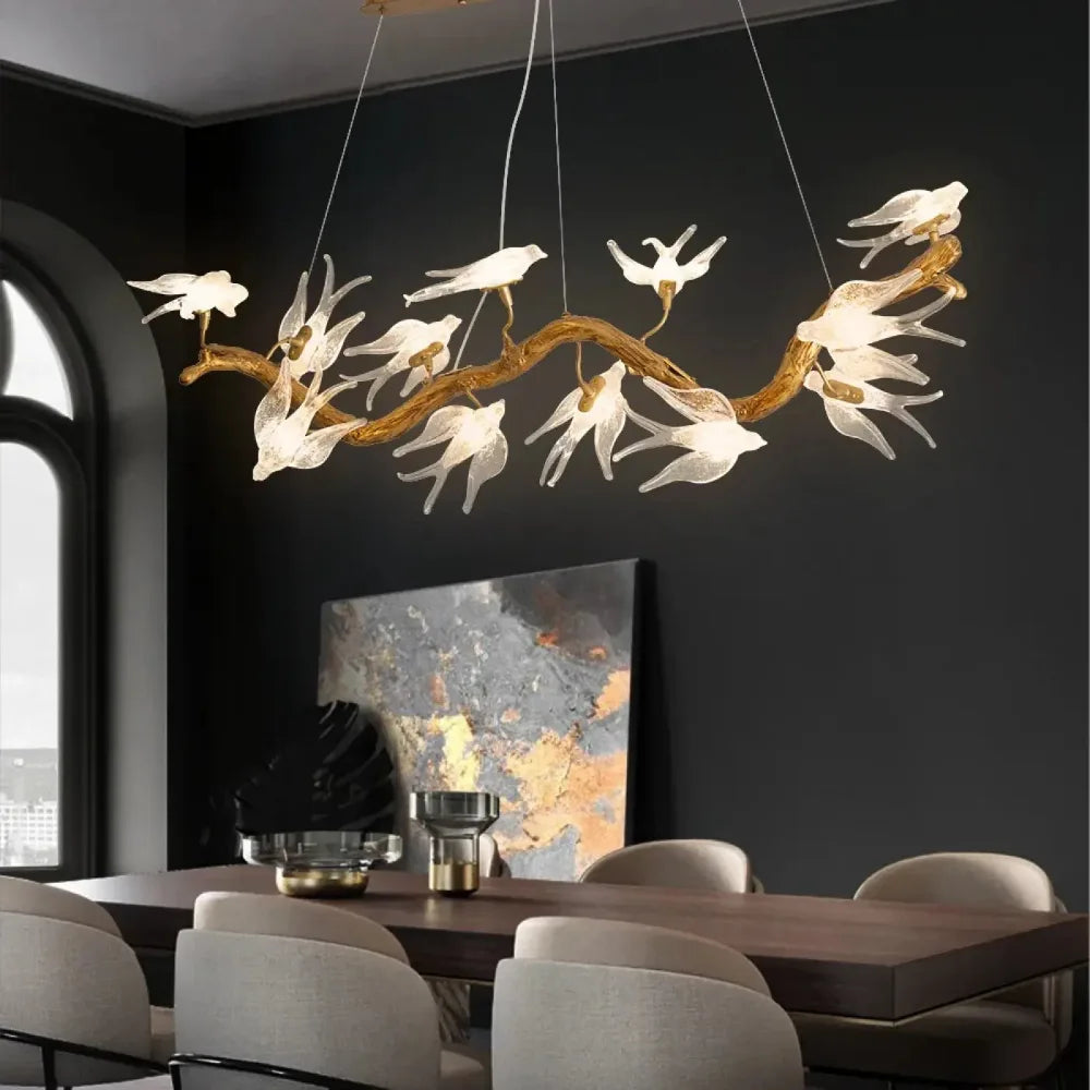 Lustre suspension verre doré branche oiseaux blancs résine