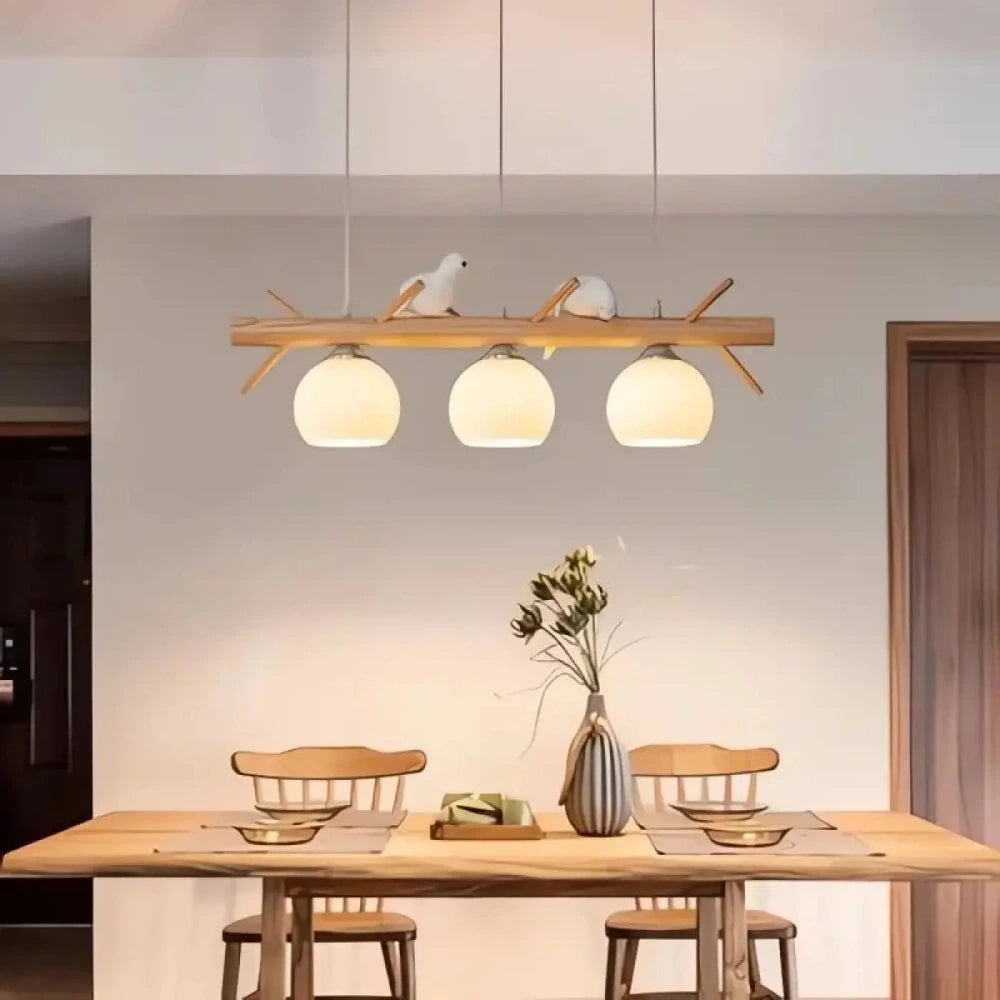 Lustre bois sculpté oiseaux perchés naturel suspension décorative