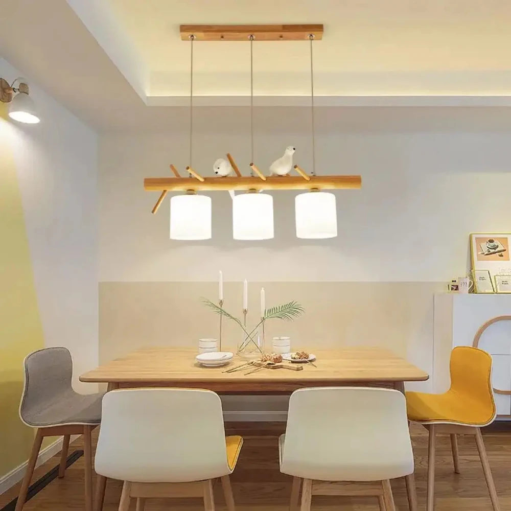 Lustre Salon Perche Bois Oiseaux Naturel