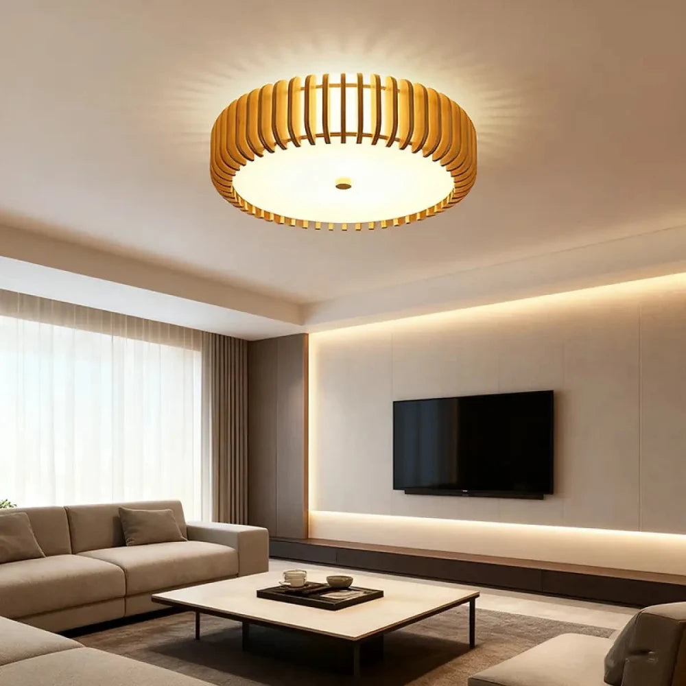 Lustre Salon Plafonnier Bois Lattes Naturel