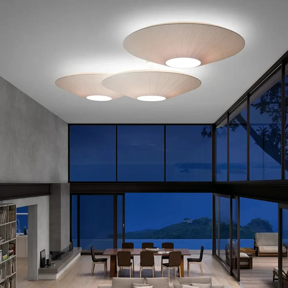 Lustre disque tissu beige aluminium suspension plafonnier