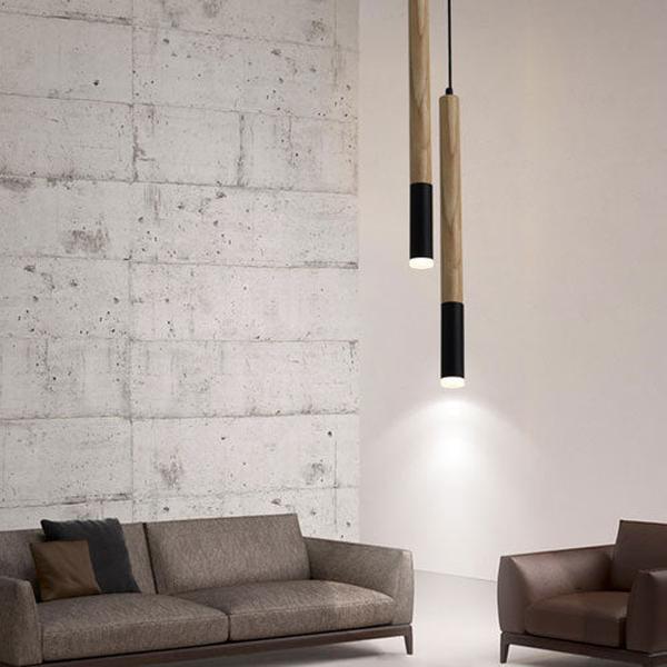 Lustre salon tube bois éclairage cylindrique naturel design authentique
