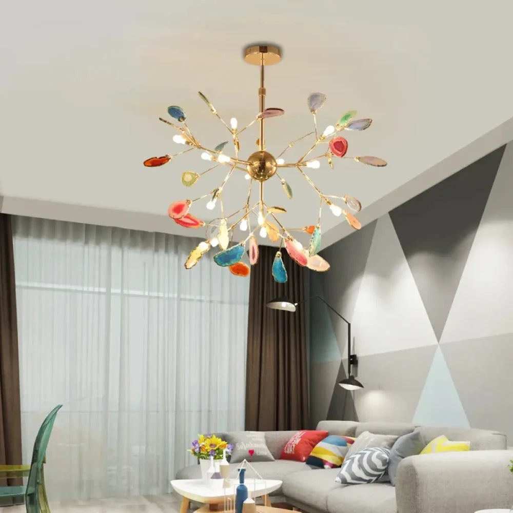 Lustre suspension agate branche dorée translucide salon