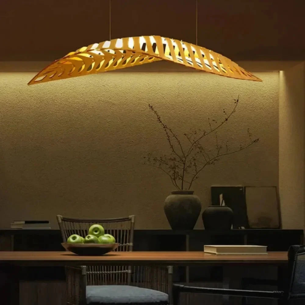 Lustre Suspension Bois Feuille Sculpte Naturel