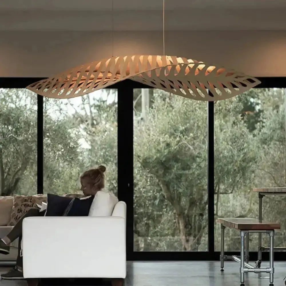 Lustre Suspension Bois Feuille Sculpte Naturel