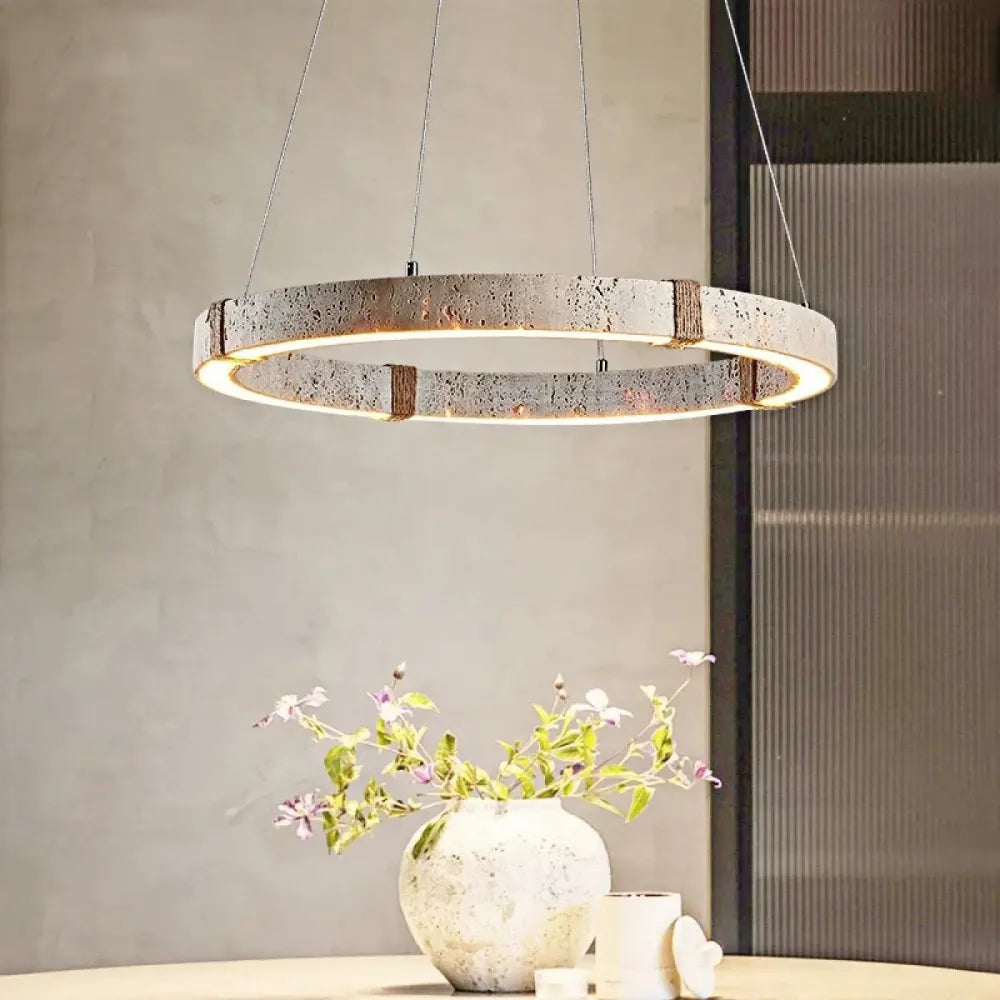 Lustre Suspension Cercle Travertin Bois Led