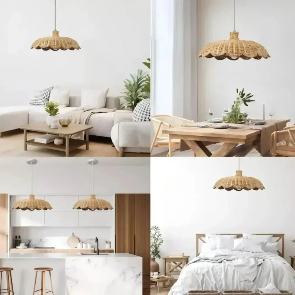 Lustre Suspension Chapeau Rotin Plat Festonne