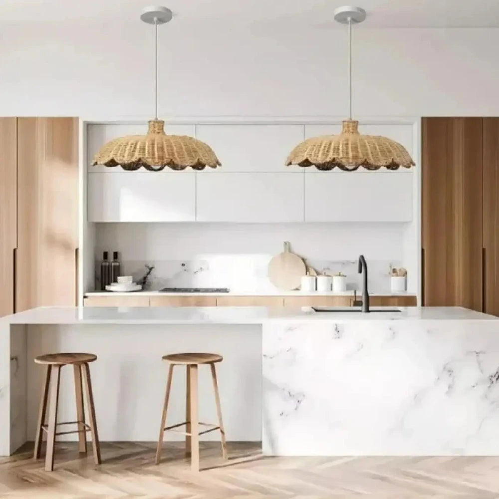 Lustre Suspension Chapeau Rotin Plat Festonne